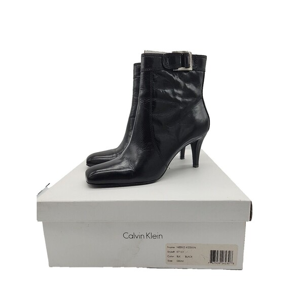 Calvin Klein Womens 8M Heeled Ankle Boots Neeko Kidskin Black Leather E7101  EUC - Picture 2 of 13